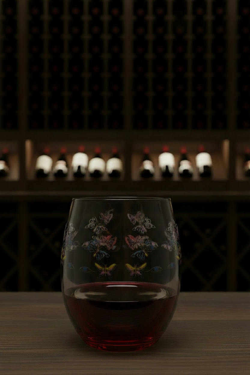 multi color butterfly blue eye artist design Stemless wine glass