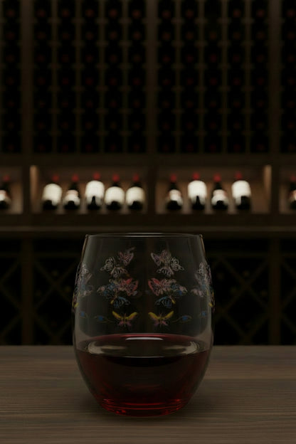 multi color butterfly blue eye artist design Stemless wine glass