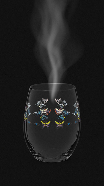 multi color butterfly blue eye artist design Stemless wine glass
