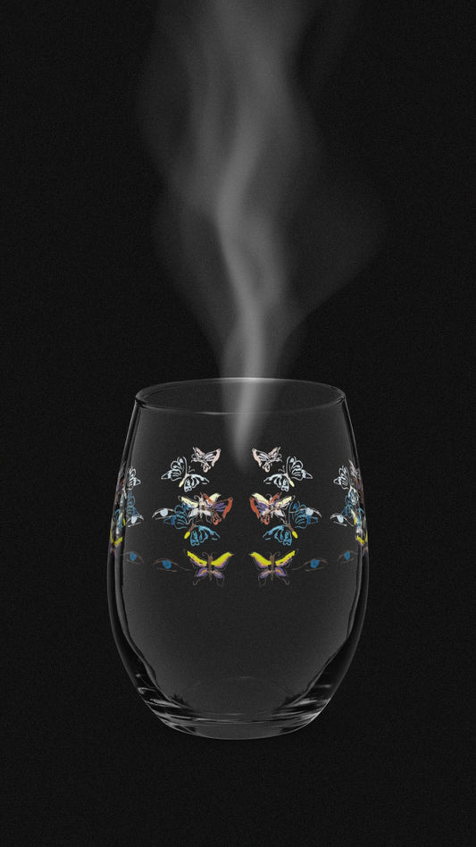 multi color butterfly blue eye artist design Stemless wine glass
