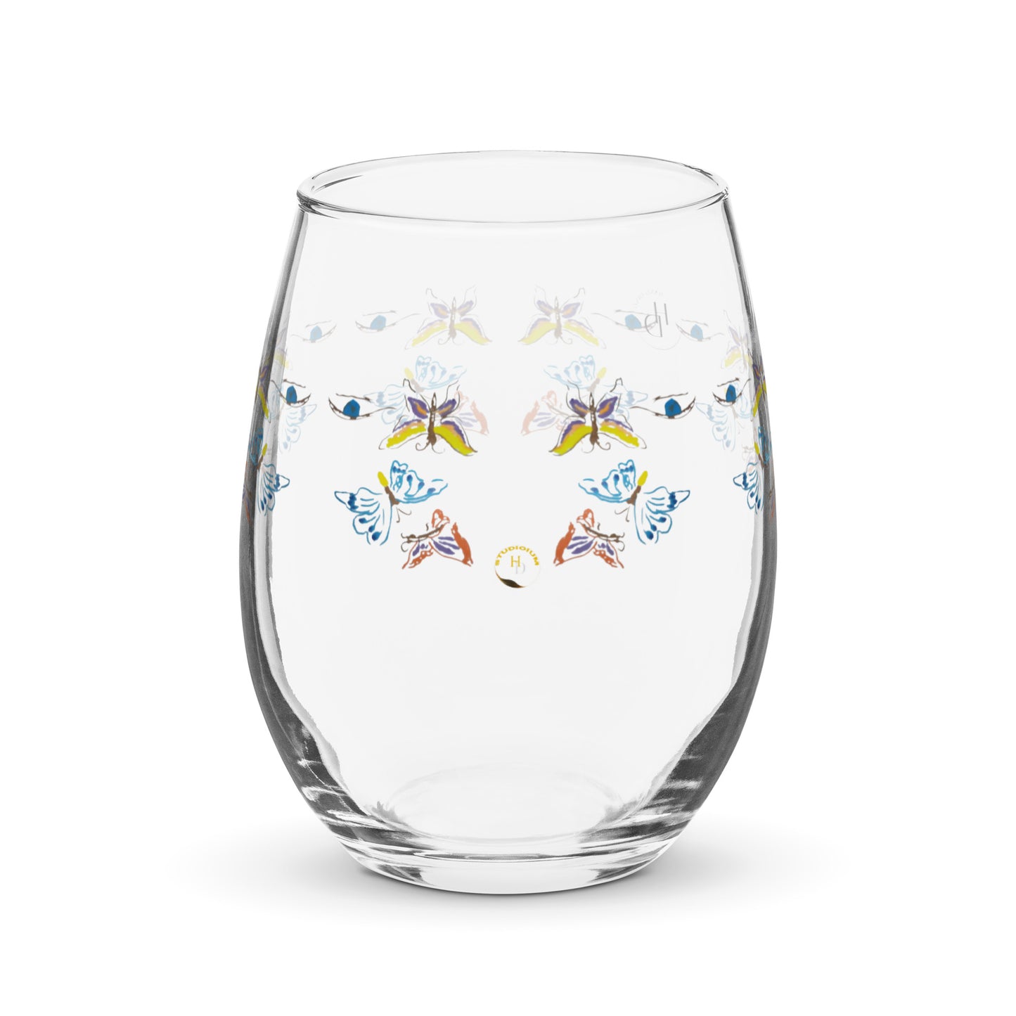 multi color butterfly blue eye artist design Stemless wine glass