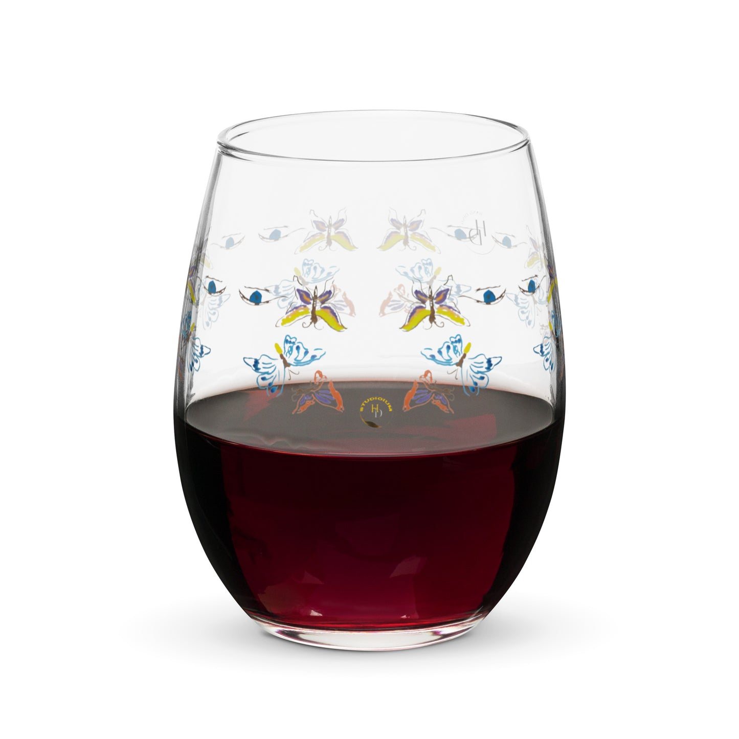 multi color butterfly blue eye artist design Stemless wine glass